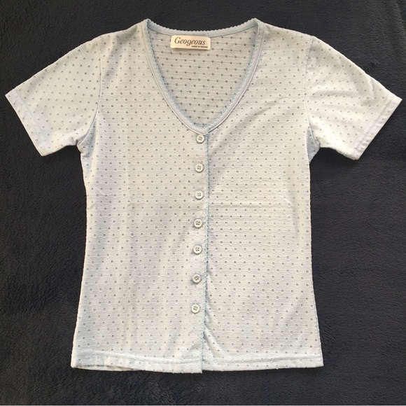 Baby Blue Pointelle Button-up Tee - Picture 2 of 7